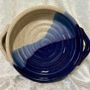 Blue, Navy, Beige Stoneware 9” Round Dish with Handles Handmade / Signed -‎ NEW